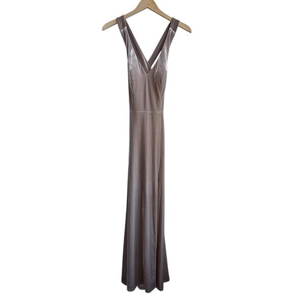REVELRY Asher Velvet Dress in Champagne | Bridesmaid | Cross Straps Front Slit 4 - Picture 11 of 11